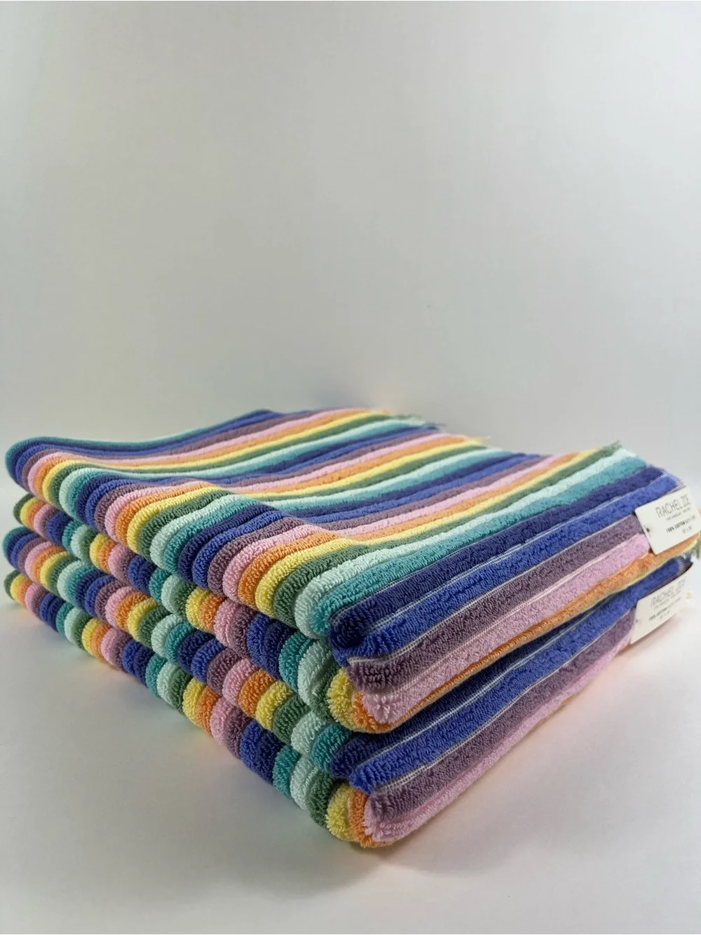Rachel Zoe Bath Towels Rainbow Pastel Striped with Fringe Cotton Set of 2 NEW